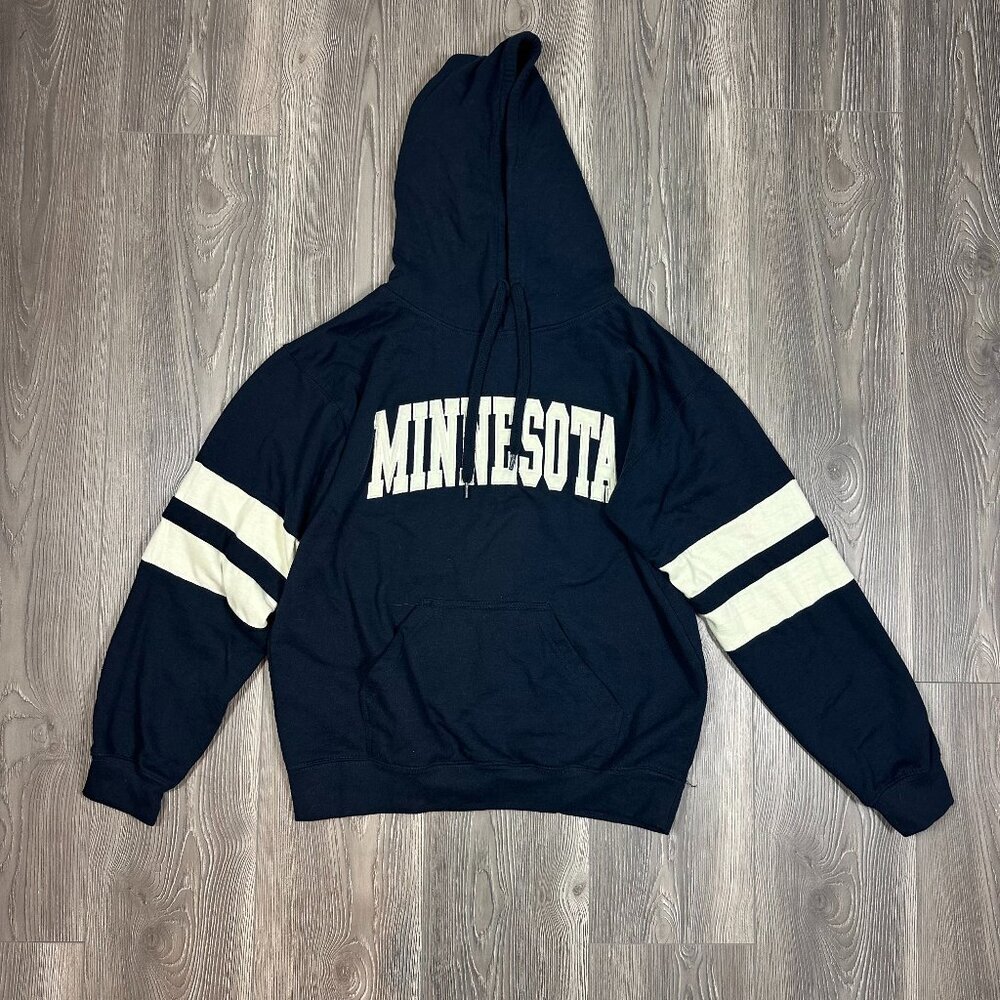 Minnesota Navy Hoodie with White Graphic &‎ Striped Sleeves Size Medium